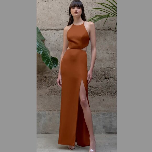 Jenny Yoo Dresses & Skirts - Jenny Yoo Kindra Dress - Copper Satin Halter Gown, Size 4, Strappy Back & Waist